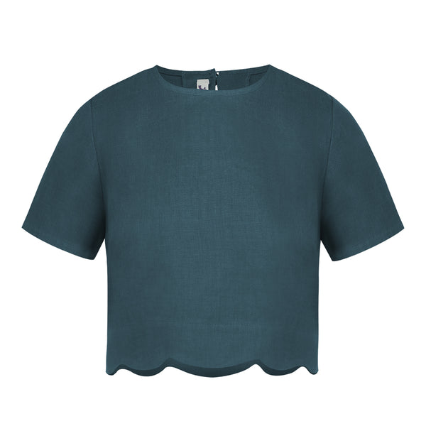 Arles Teal Scallop Linen Top