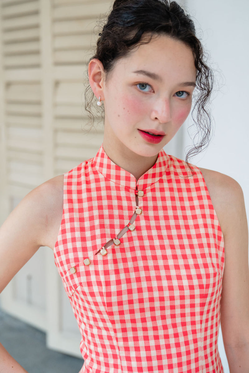 Colette Gingham Coral Cheongsam