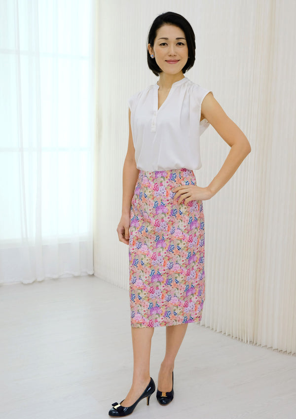 Bridgette Painted Blooms Pink Pencil Skirt